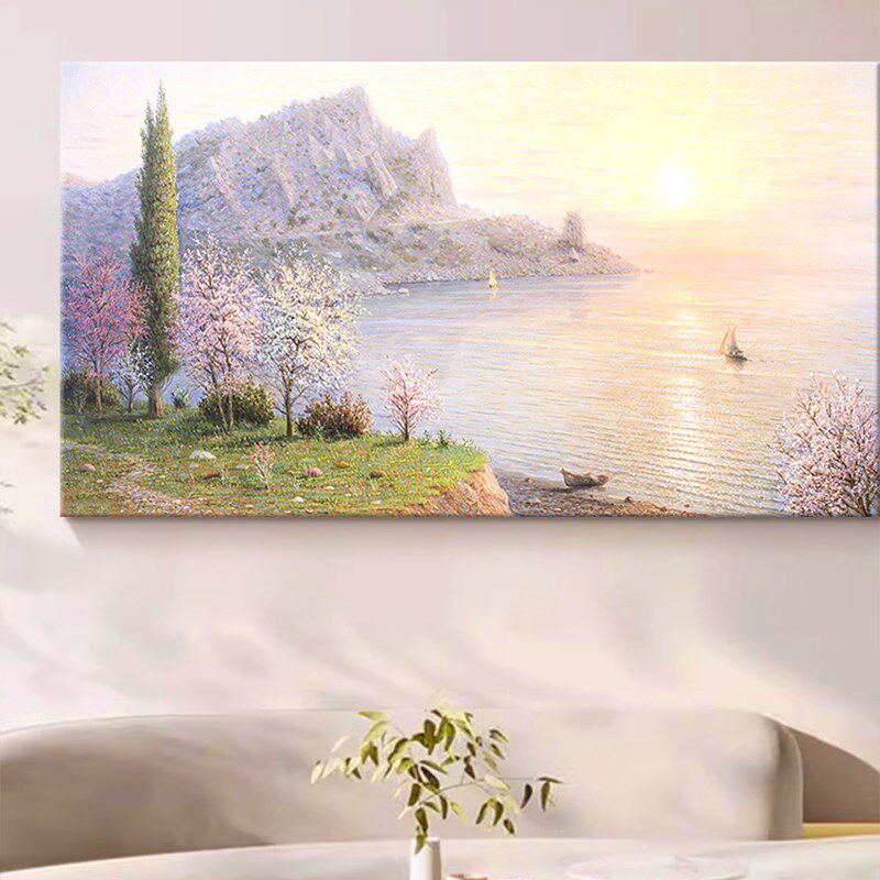 奔赴山海风景纯手绘油画客厅沙发背景墙装饰画玄关紫色治愈系挂画