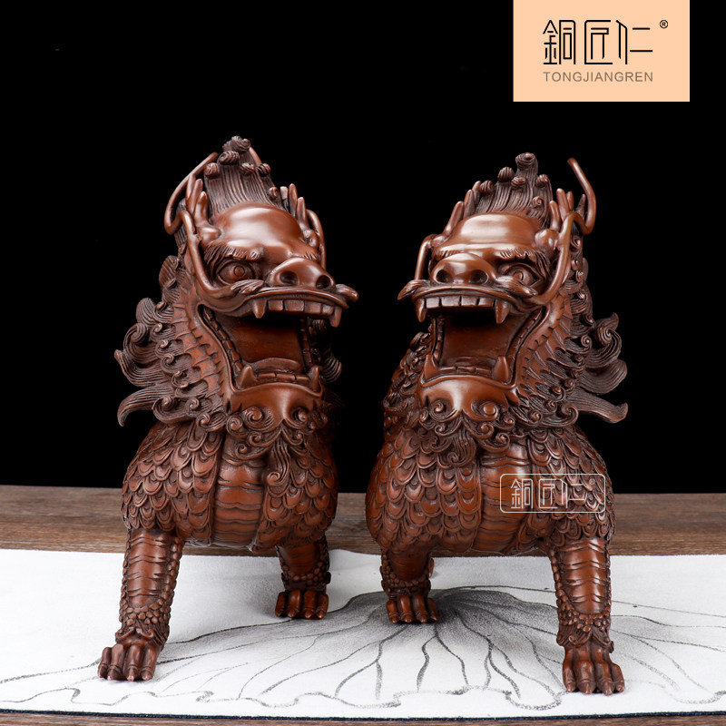 铜匠仁 紫铜威武麒麟摆件一对纯铜家居装饰品摆设办公室店铺开业
