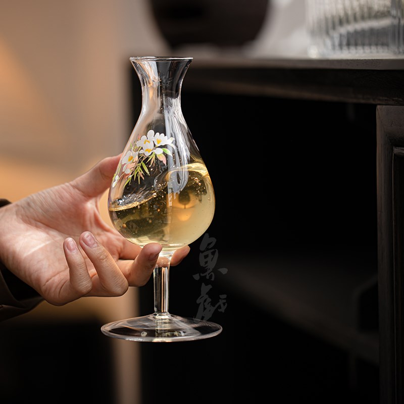 鱼戏手工贴花耐热玻璃高足茶杯绿茶品茗杯家用主人杯单杯洋酒杯子
