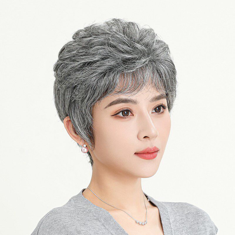 老奶奶演出表演假发套真人发丝老太太中老年花白假发真发女短卷发