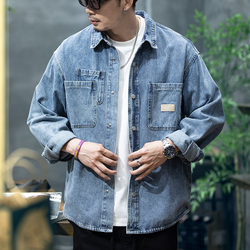 长袖牛仔衬衫男2025春季新款潮牌大码工装衬衣男款美式休闲外套潮图片