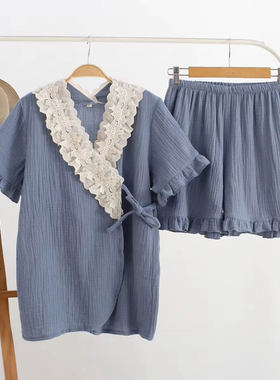 夏季月子服孕妇睡衣产妇哺乳衣6月份棉纱吸汗透气家居服套装大码7