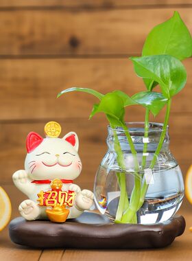 招财猫花瓶家居客厅装饰品花器绿萝水培摆件卡通可爱玻璃透明摆件