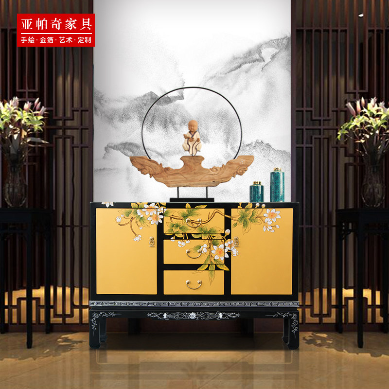 新中式餐边柜门厅玄关柜彩绘屏风柜隔断柜装饰柜间厅柜大容量柜子