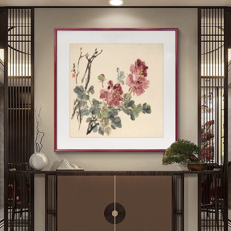 王雪涛新中式玄关画餐厅牡丹挂画花开富贵客厅装饰画手绘国画斗方