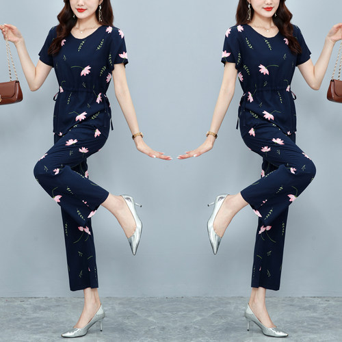 夏季新款妈妈棉绸套装女士可外穿时尚洋气碎花布短袖人造棉两件套