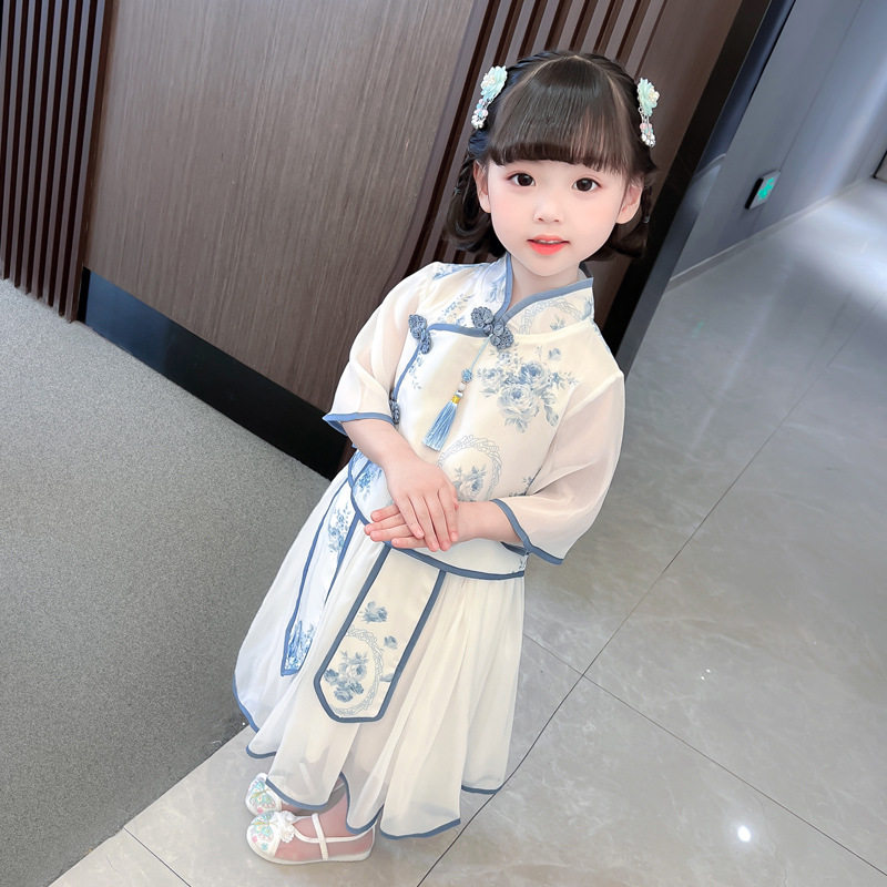 女童中国风青花瓷套装汉服儿童春夏女连衣裙演出服古装公主裙裙子图片