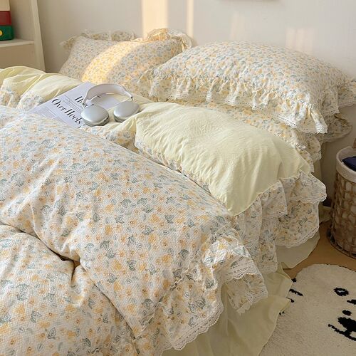 法式小碎花亲肤四件套软糯少女床上三件套1.5m1.8床单床笠床裙款