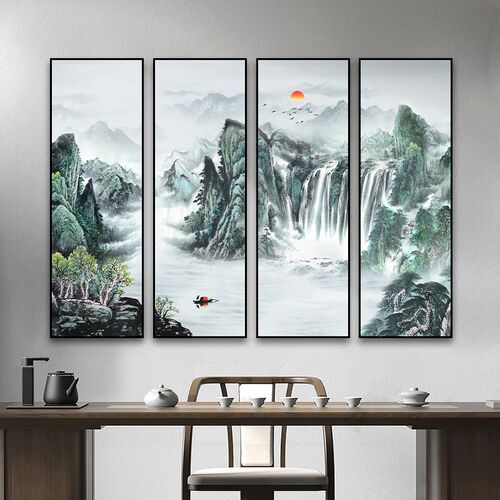 望云楼山水四联画新中式客厅西墙装饰画办公室聚财四条屏挂画国画