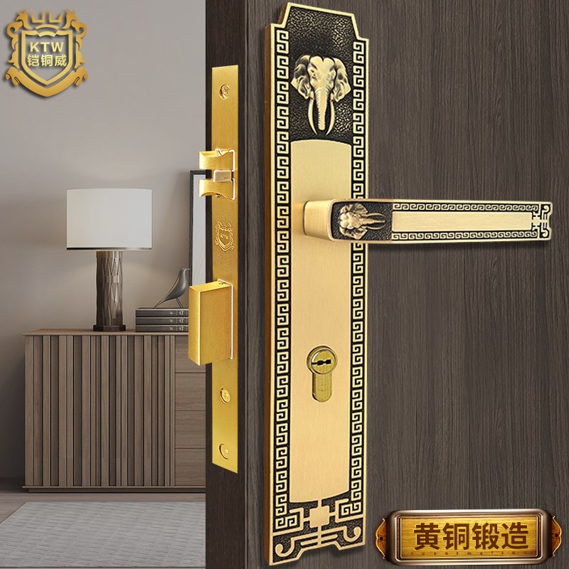 铠铜威铜入户门锁家用实木门把手锁黄铜锁具仿古房间静音门锁