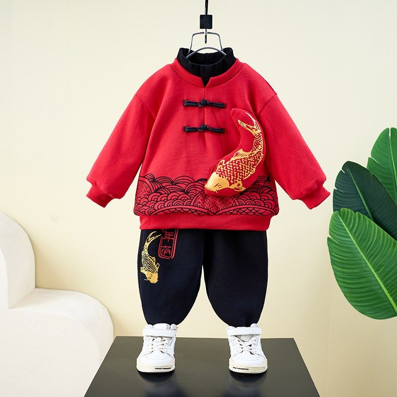儿童拜年服男童过新年唐装女童喜庆红色加绒卫衣套装宝宝周岁礼服图片