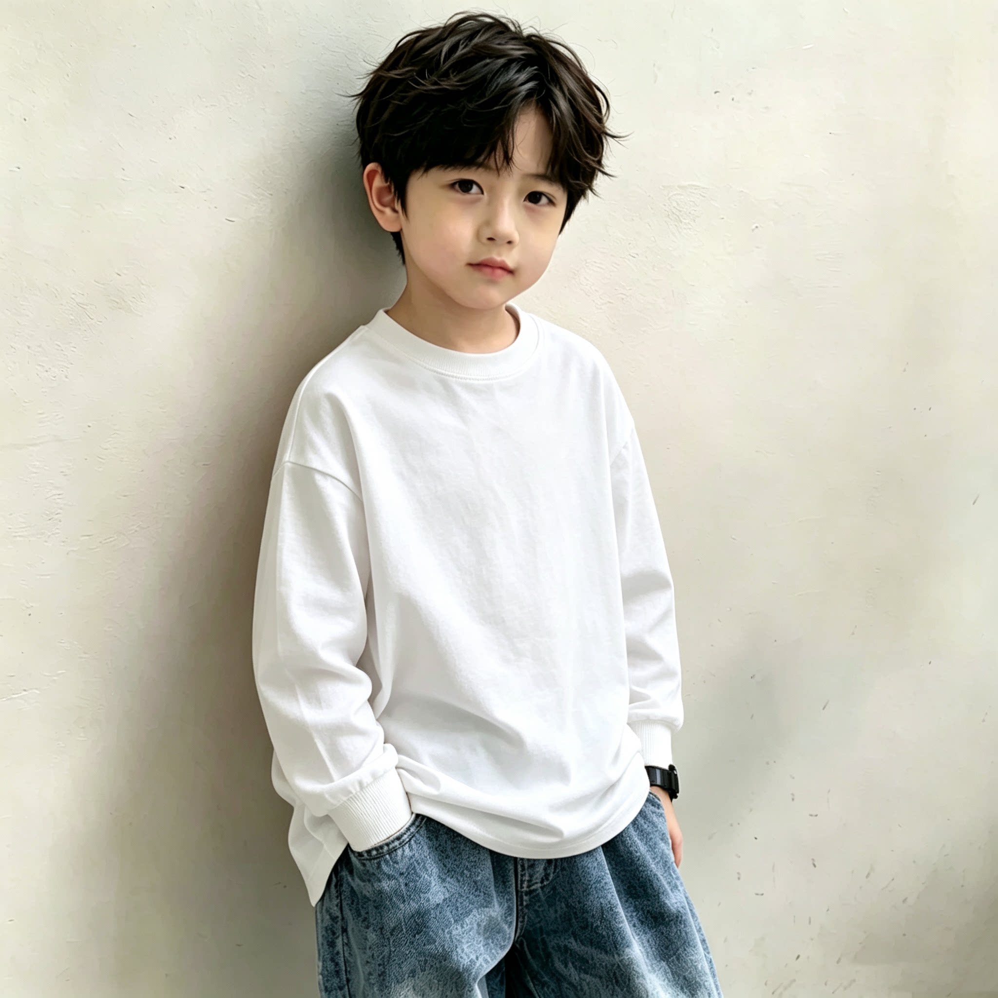 儿童纯色简约风圆领长袖T恤春秋款男女童宽松休闲白色打底衫上衣
