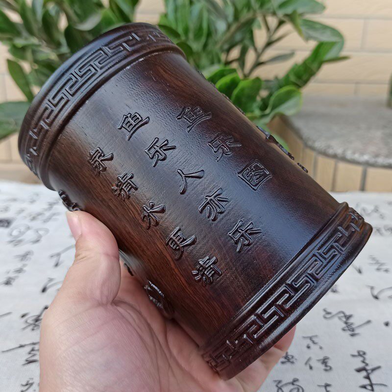 黑檀木仿古笔筒木制办公桌面摆件男士高档中国风实木圆形复古笔筒