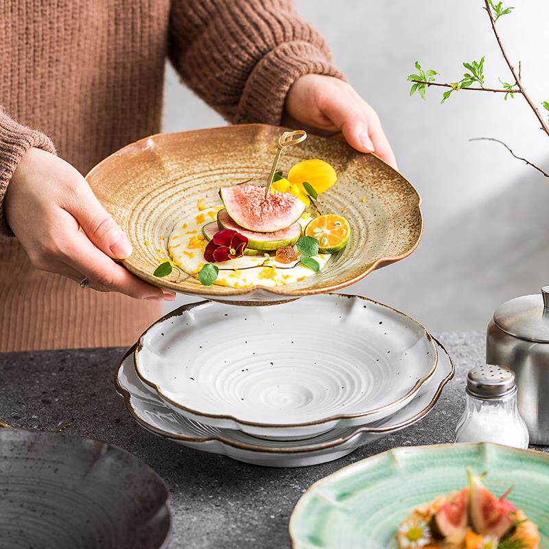 复古深盘子高级感日式创意餐具轻奢陶瓷菜盘家用西餐碗意面沙拉盘