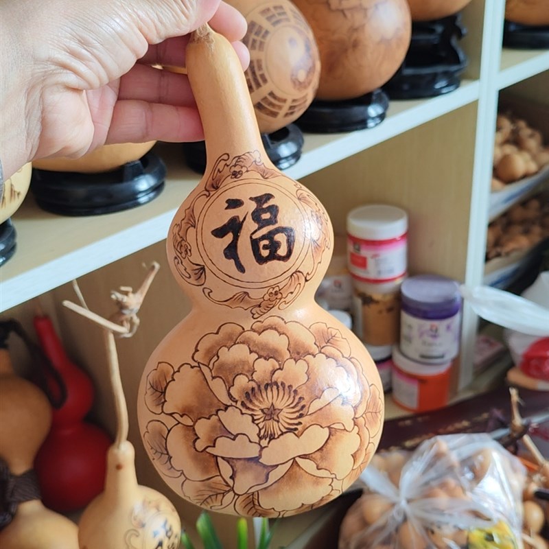 家居镇宅招财天然葫芦大摆件花开富贵牡丹烙画饰品书房客厅大门对