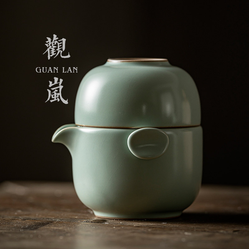 天青汝窑手抓壶功夫茶具套装一壶两杯快客杯礼盒小套便携收纳旅行