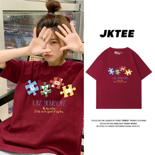 美式复古简约风酒红色正肩短袖t恤女显白韩版宽松学生半袖上衣潮