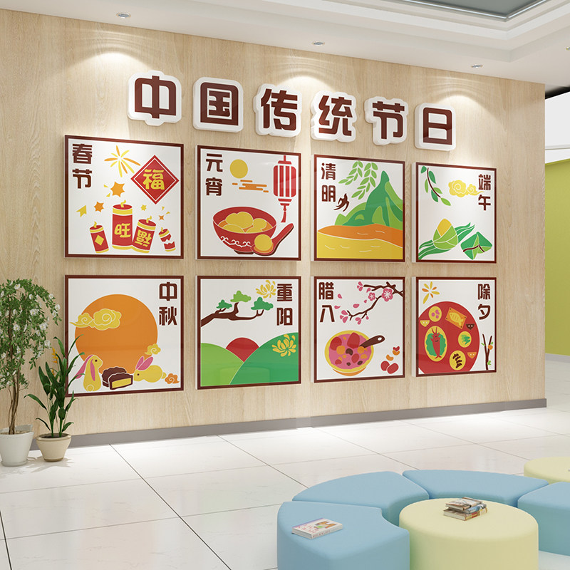传统节日幼儿园墙面装饰成品班级文化主题墙贴画走廊过道楼梯环创