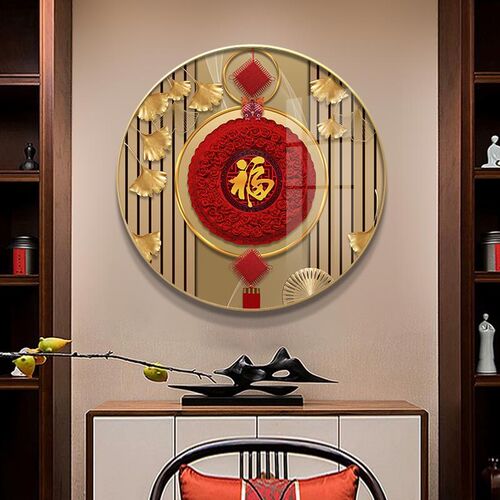 网红走廊玄新关装饰画客厅背景墙挂画圆形山水风景画轻奢中壁式金