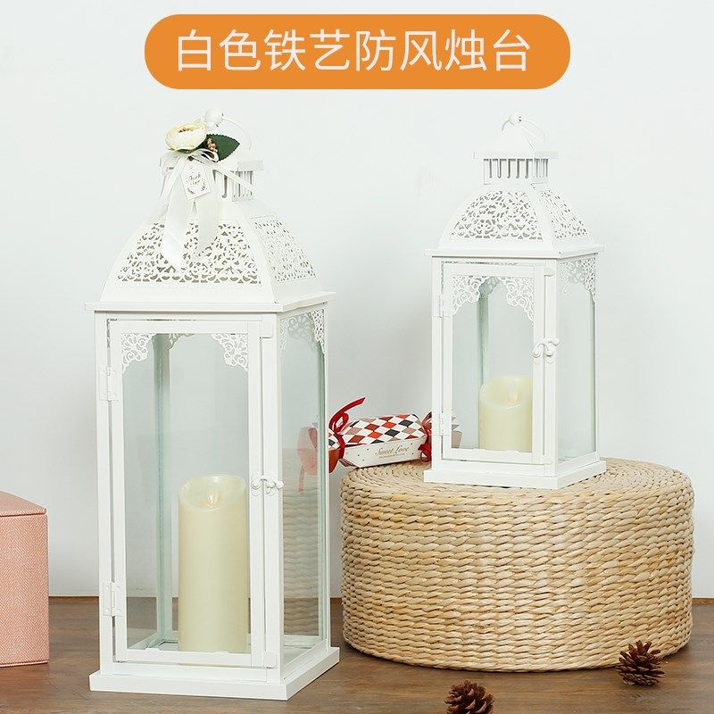 白色花片装饰婚庆烛台路引铁艺防风风灯玻璃蜡烛灯氛围灯摄影道具