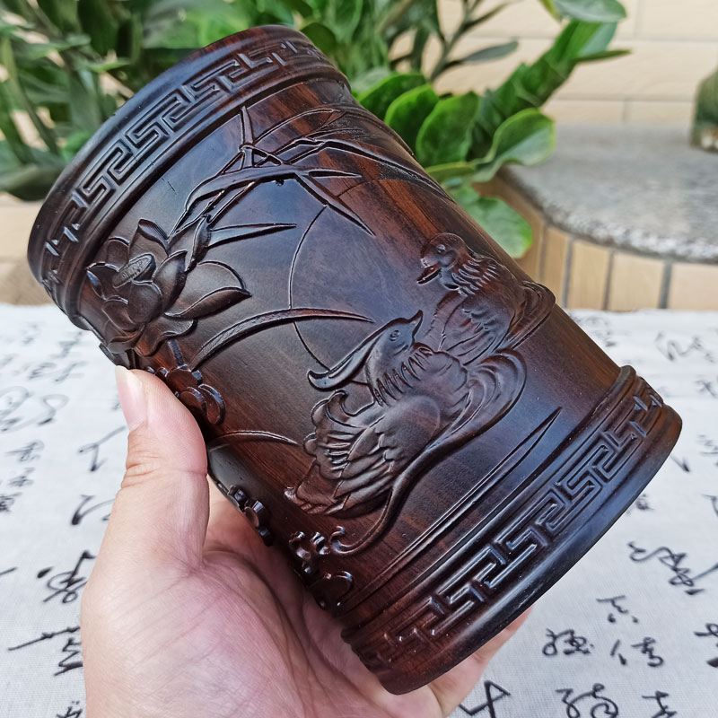 黑檀木实木笔筒创意复古中国风办公室桌面摆件圆形教师节礼物木制