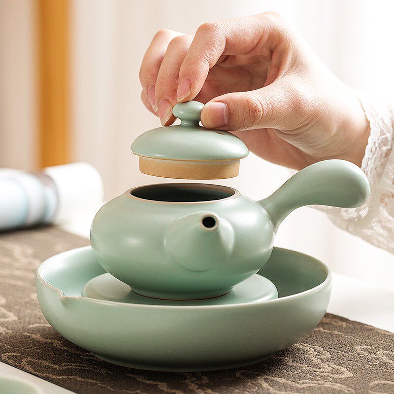 一品仟堂日式汝窑侧把壶茶壶泡茶单壶陶瓷茶具家用手柄功夫泡茶壶