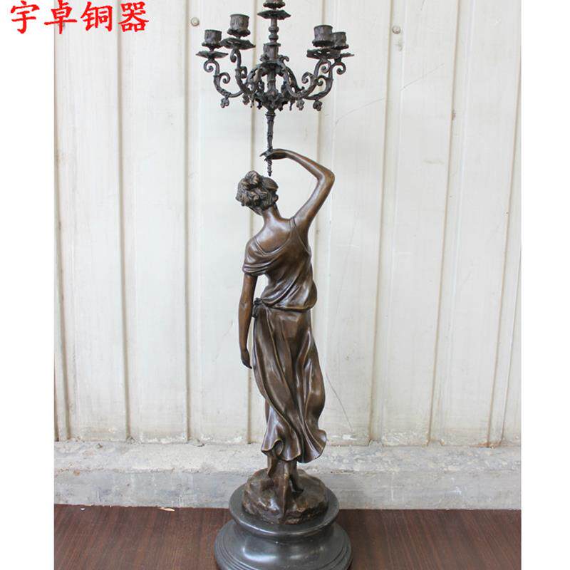 宇卓铜器 纯铜欧式烛台少女举烛台蜡台欧式风格黄铜雕塑摆件