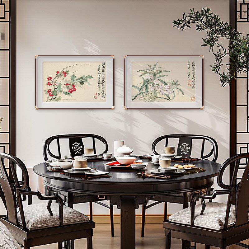 新中式花鸟玄关画装饰画入户正对门小幅横板餐厅挂画走廊过道壁画
