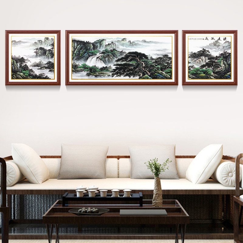 新中式实木框沙发背景墙壁山水装饰画客厅书房办公室三联挂画