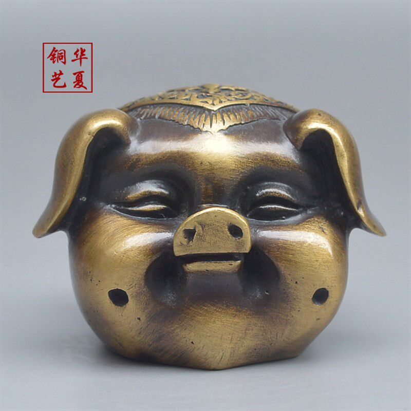 仿古纯铜福字猪头招财吉祥生肖猪摆件车载桌面个性创意装饰艺术品