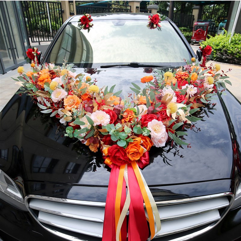 婚车花婚车装饰套装主婚车花车头装饰花中国风红色大v婚车布置