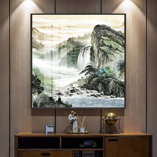 正方形装饰画客厅挂画办公室走廊过道壁画风景靠山招财中式山水画