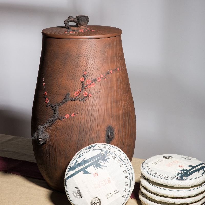 云南建水紫陶梅花根艺纯手工绘刻工艺茶叶缸米缸20升水缸储物缸