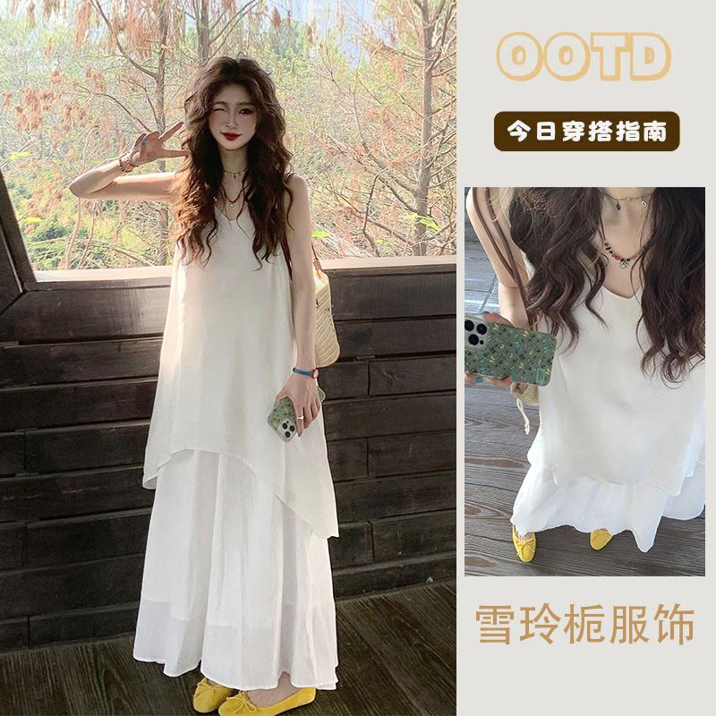 度假风白色套装连衣裙女高级感宽松无袖背心不规则半身裙两件套