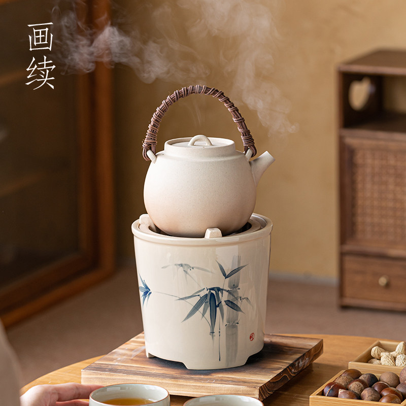 画续炭火木炭煮茶器煮茶炉碳炉煮茶壶养生苏打釉提梁壶陶壶中式