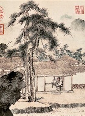 仿古画名画复制品明唐寅事茗图国画山水画书房装饰挂画名人字画
