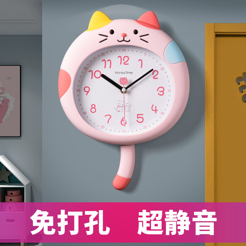 2023新款小猫咪挂钟儿童房客厅创意挂表教室免打孔静音挂墙时钟表