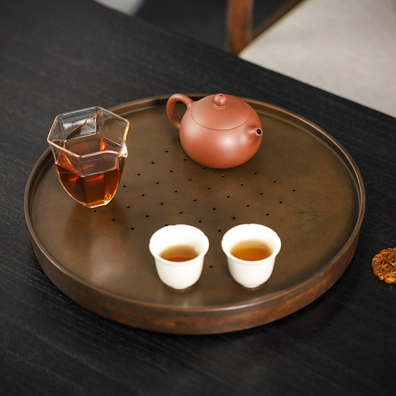 复古圆满纯铜茶盘壶承干泡台大容量储水式茶壶承托盘干泡茶台家用