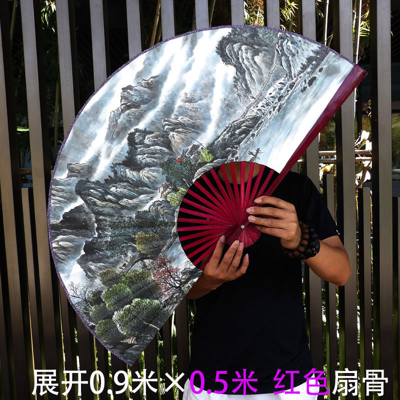 国潮扇子新中式扇客厅沙发背景墙装饰扇山水画大折扇小桥流水人家