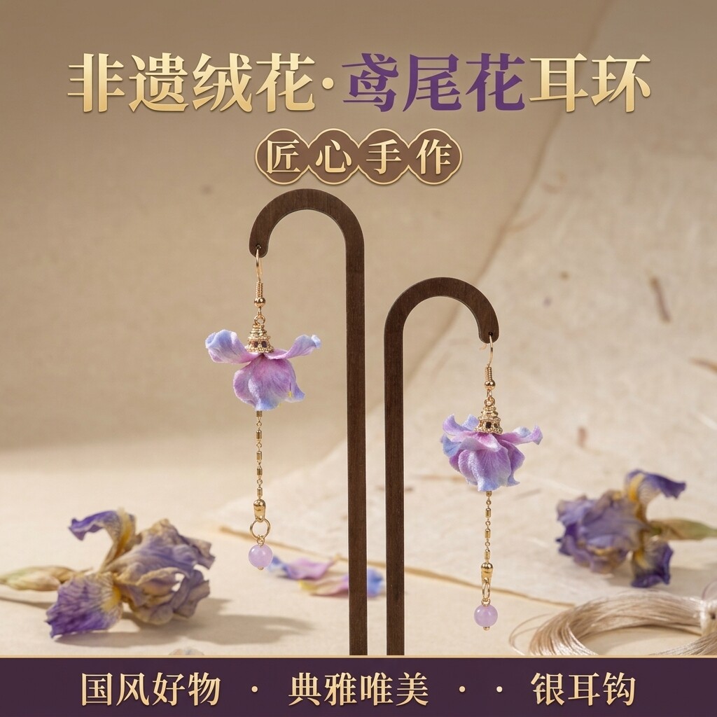 非遗绒花桑蚕丝鸢尾流苏耳环