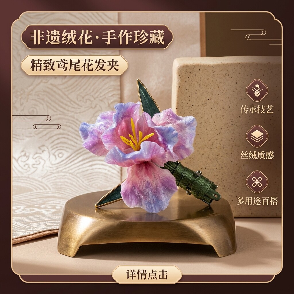 非遗绒花桑蚕丝鸢尾发夹