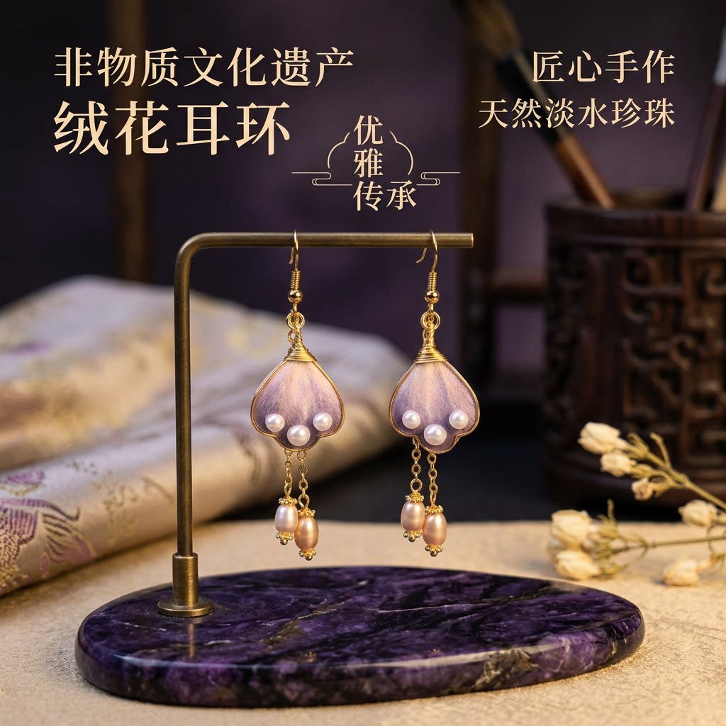非遗绒花樱花耳环古风垂坠