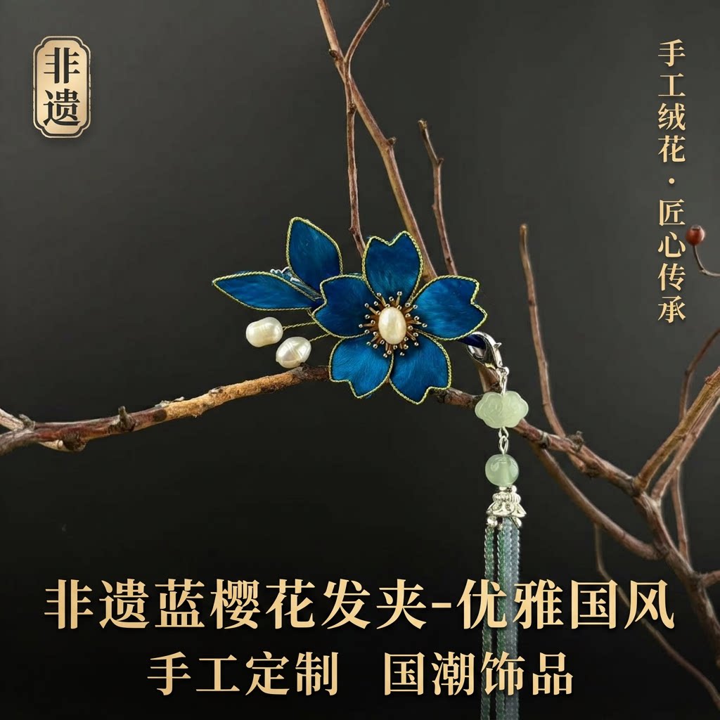 非遗手工绒花樱花流苏汉服发夹