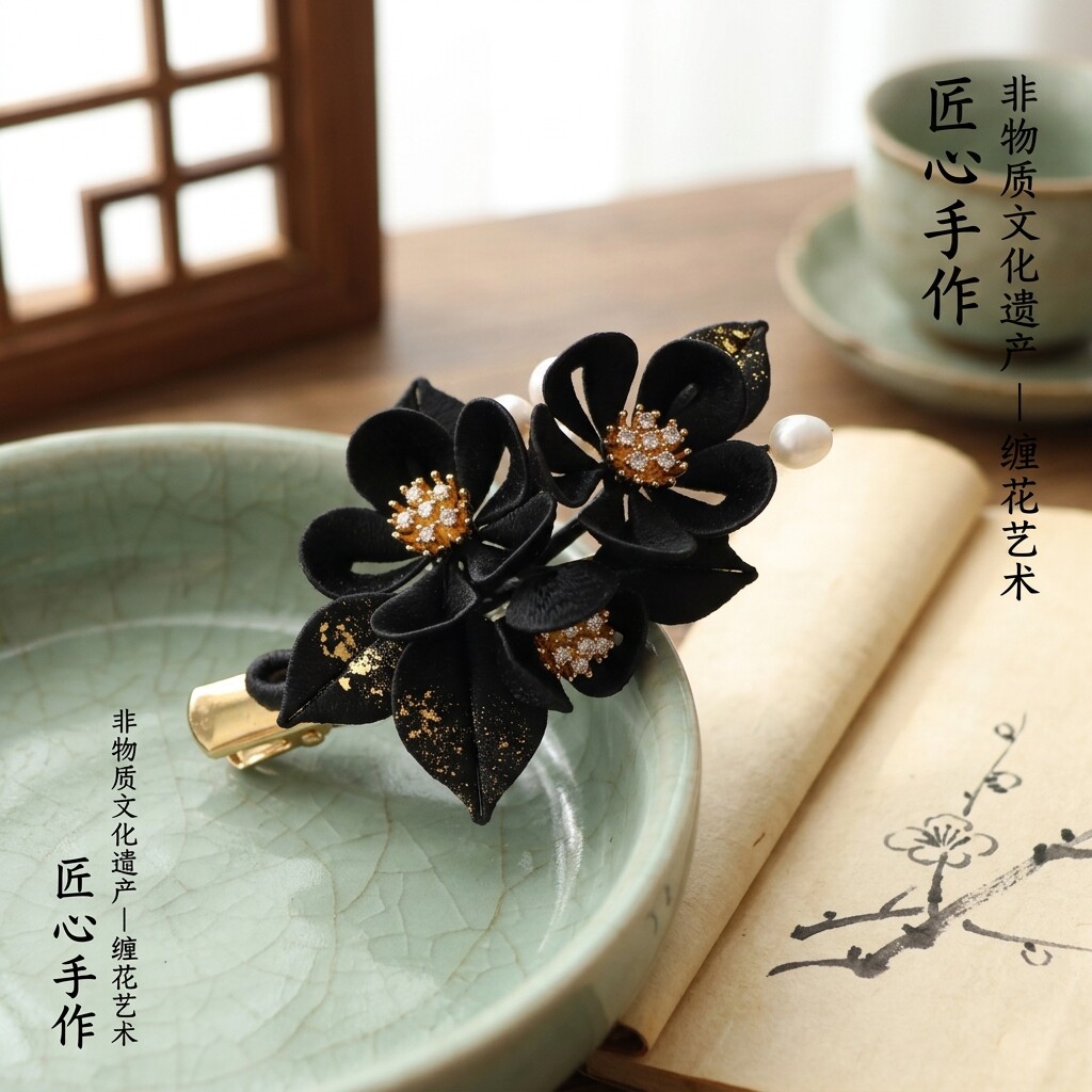 非遗绒花古风黑色花朵珍珠发夹