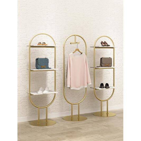 服装店置物架鞋架展示架落地式创意鞋货架女装店陈列架金色正挂杆