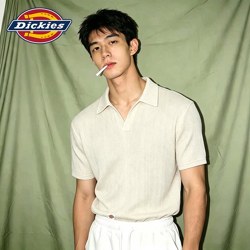 Dickies美式老钱风杏色薄款针织POLO衫男肌理感宽松透气短袖上衣