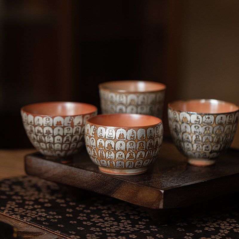 蕴华堂志野烧万佛鎏银主人杯中式复古陶瓷茶杯功夫茶具品茗杯单杯
