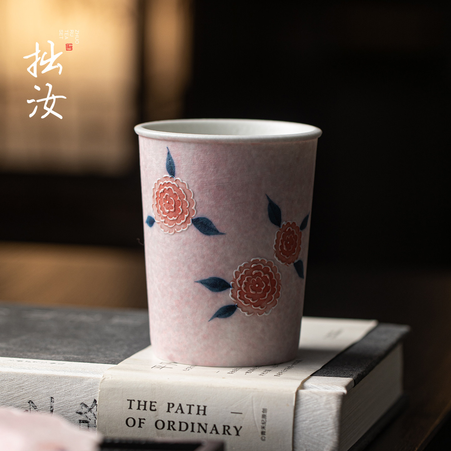 拙汝柔雾粉堆绘蔷薇花陶瓷茶杯功夫茶具单杯主人杯大容量可乐水杯