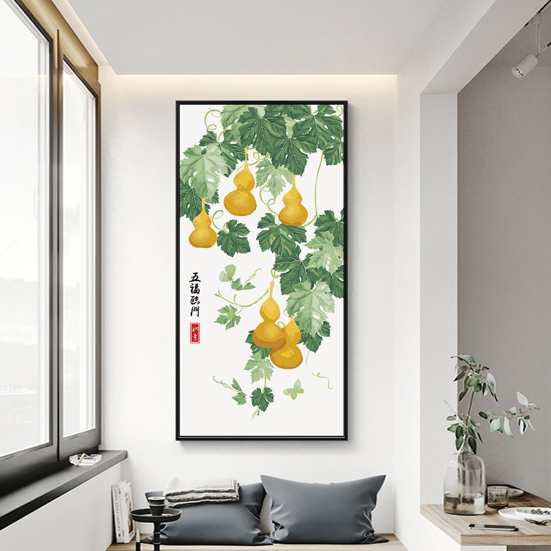 竖版招财五福临门diy数字油画大幅客厅玄关新中式油彩装饰画 葫芦