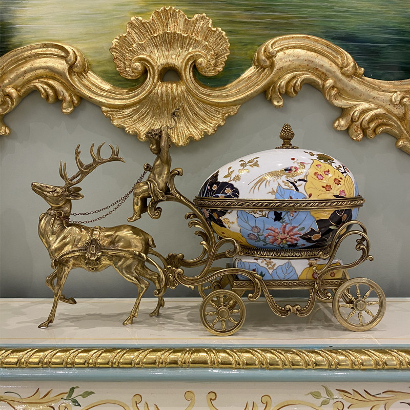 茱莉安法式中国风摆件欧式蓝色小鹿拉车盒子桌面装饰盖坛花瓶果盘